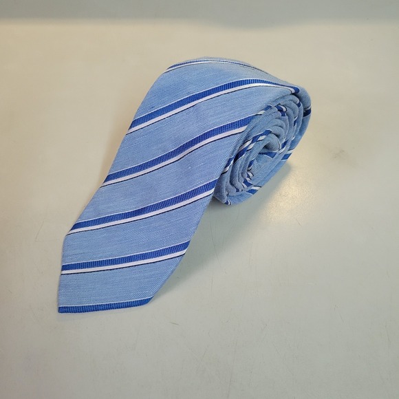Tattersall London Silk‎ Linen Blue Stripe Necktie Tie - Picture 1 of 5
